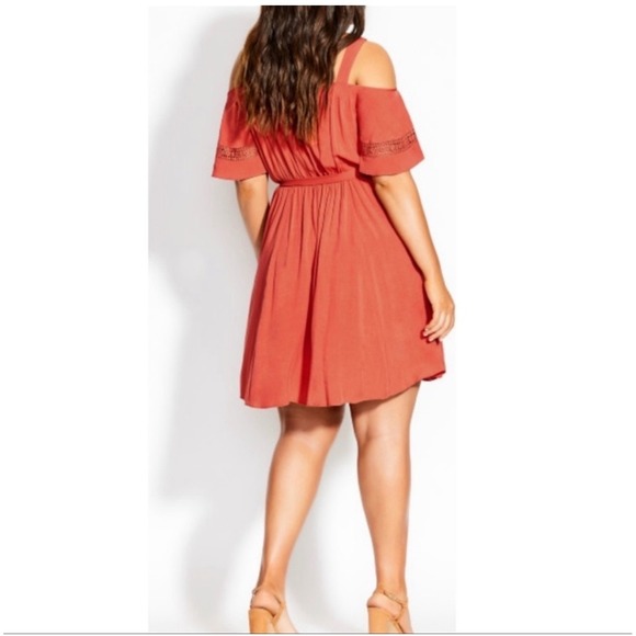 City Chic Burnt Coral Off Shoulder Tie @ Waist Cold Shoulder Eyelet Dress S 16 - Picture 4 of 16